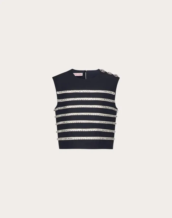 Valentino Shirts And Tops Woman Embroidered Crepe Couture Top For Woman In Navyivory Navyivory