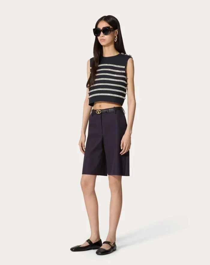 Valentino Shirts And Tops Woman Embroidered Crepe Couture Top For Woman In Navyivory Navyivory