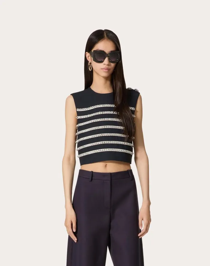 Valentino Shirts And Tops Woman Embroidered Crepe Couture Top For Woman In Navyivory Navyivory