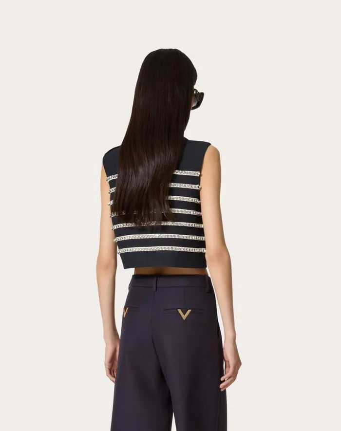 Valentino Shirts And Tops Woman Embroidered Crepe Couture Top For Woman In Navyivory Navyivory