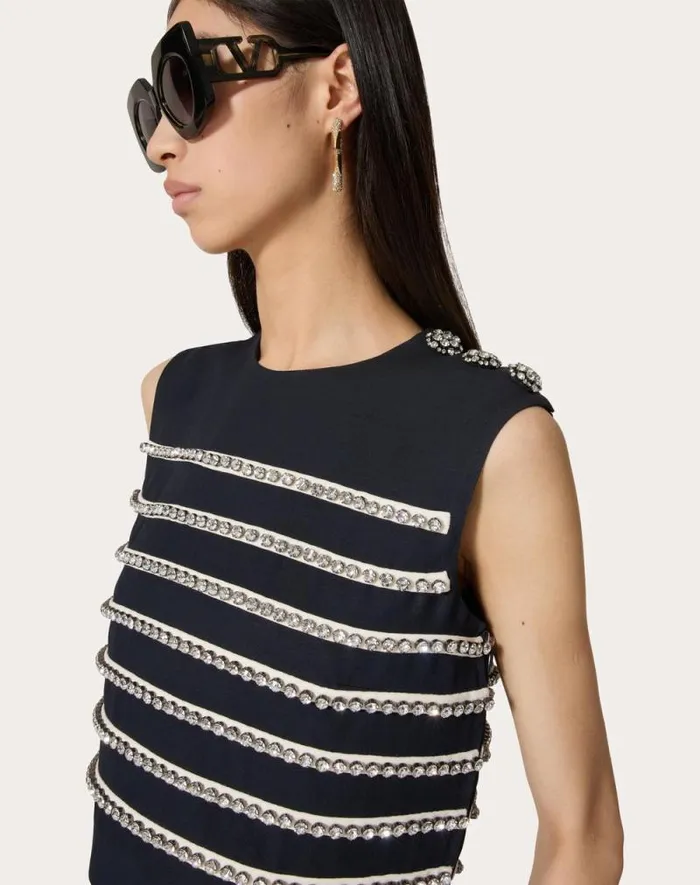 Valentino Shirts And Tops Woman Embroidered Crepe Couture Top For Woman In Navyivory Navyivory
