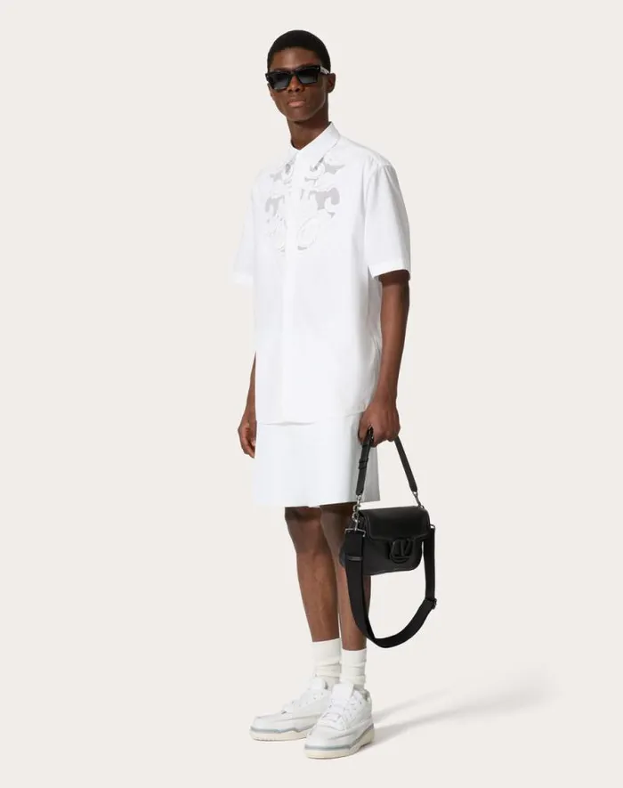 Valentino Shirts Man Cotton Poplin Bowling Shirt With High Relief Embroidery For Man In White White