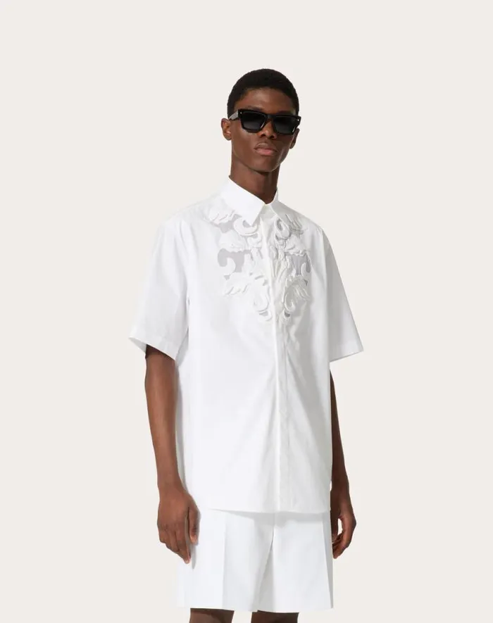 Valentino Shirts Man Cotton Poplin Bowling Shirt With High Relief Embroidery For Man In White White