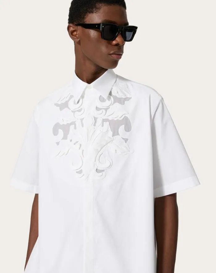 Valentino Shirts Man Cotton Poplin Bowling Shirt With High Relief Embroidery For Man In White White