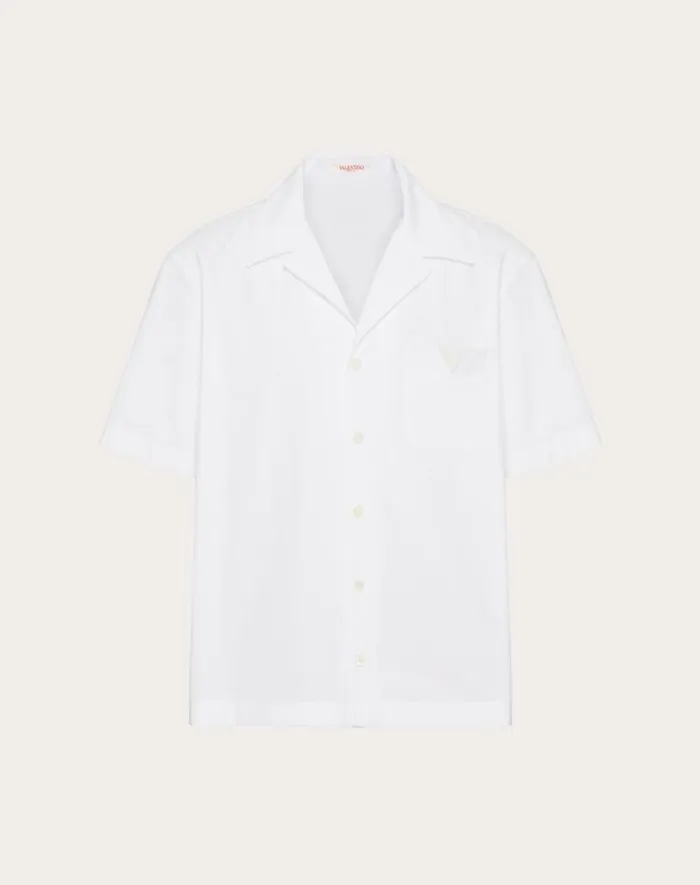 Valentino Shirts Man Cotton Poplin Bowling Shirt With Rubberized V Detail For Man In White White Valentino Shirts Man Cotton Poplin Bowling Shirt With Rubberized V Detail For Man In White White