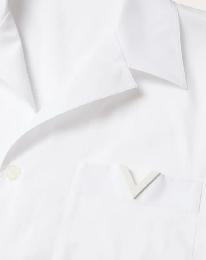 Valentino Shirts Man Cotton Poplin Bowling Shirt With Rubberized V Detail For Man In White White