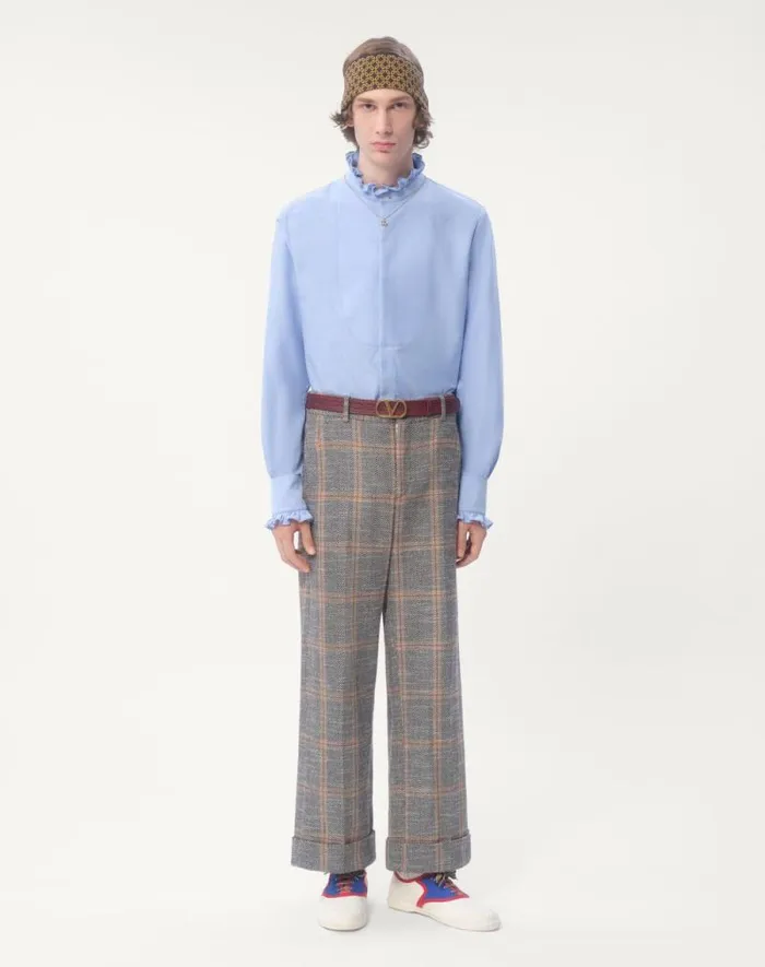 Valentino Shirts Man Cotton Shirt With Plastron And Ruffles For Man In Sky Blue Sky Blue