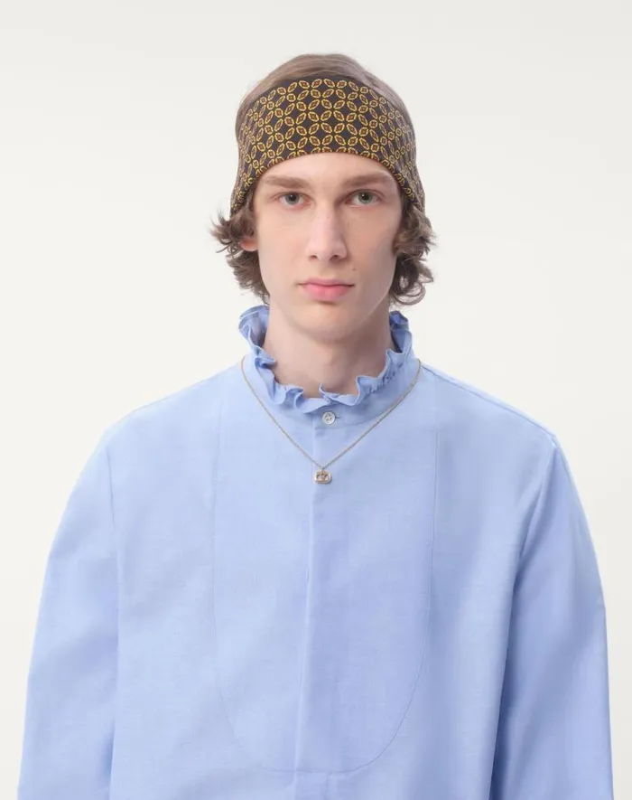Valentino Shirts Man Cotton Shirt With Plastron And Ruffles For Man In Sky Blue Sky Blue
