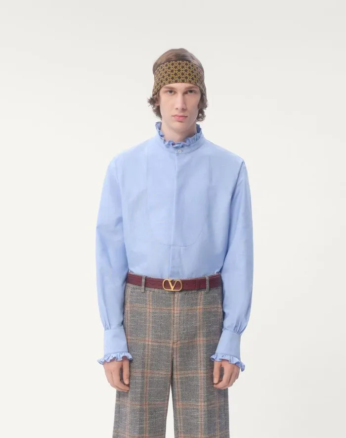 Valentino Shirts Man Cotton Shirt With Plastron And Ruffles For Man In Sky Blue Sky Blue