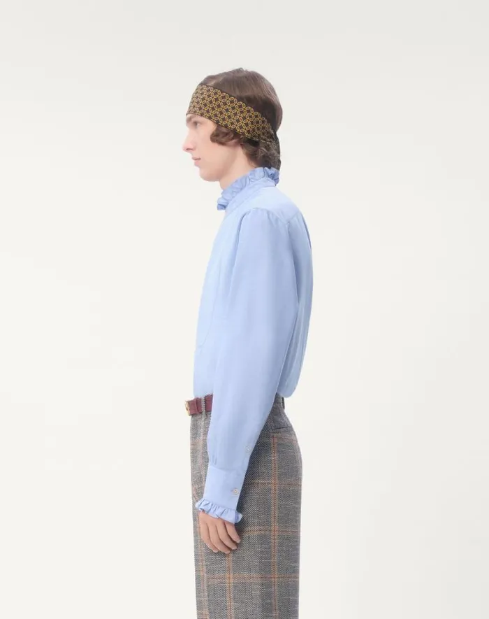 Valentino Shirts Man Cotton Shirt With Plastron And Ruffles For Man In Sky Blue Sky Blue