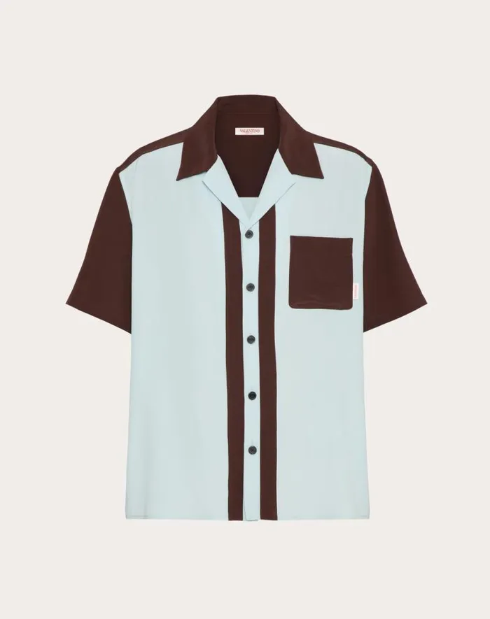 Valentino Shirts Man Silk Bowling Shirt For Man In Ebonyazure Ebonyazure