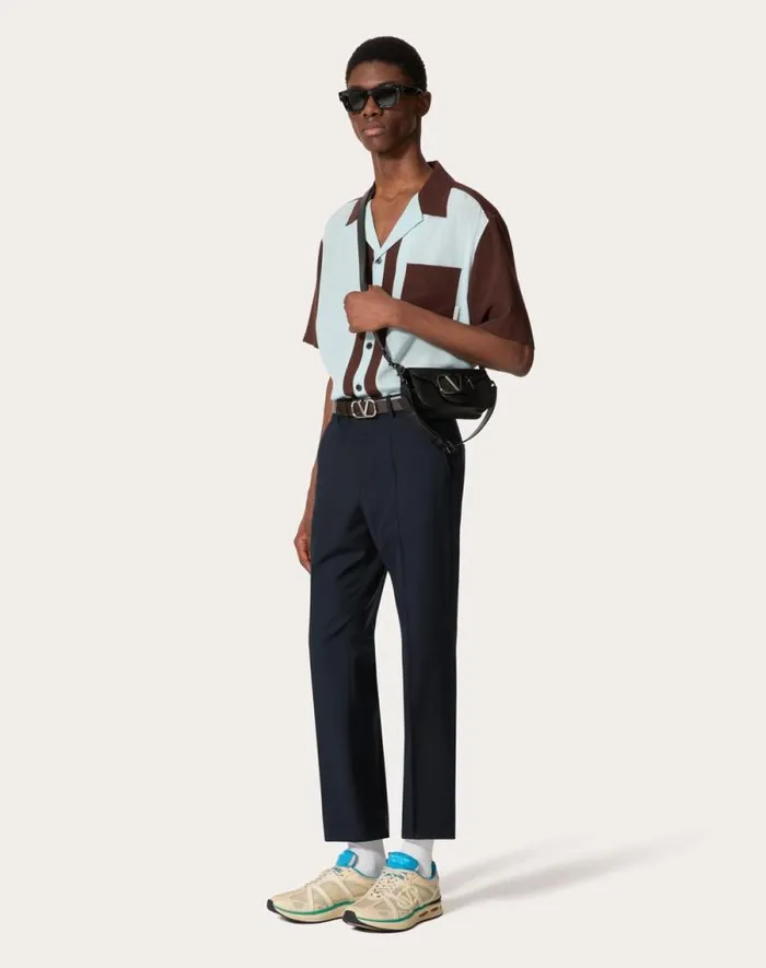 Valentino Shirts Man Silk Bowling Shirt For Man In Ebonyazure Ebonyazure