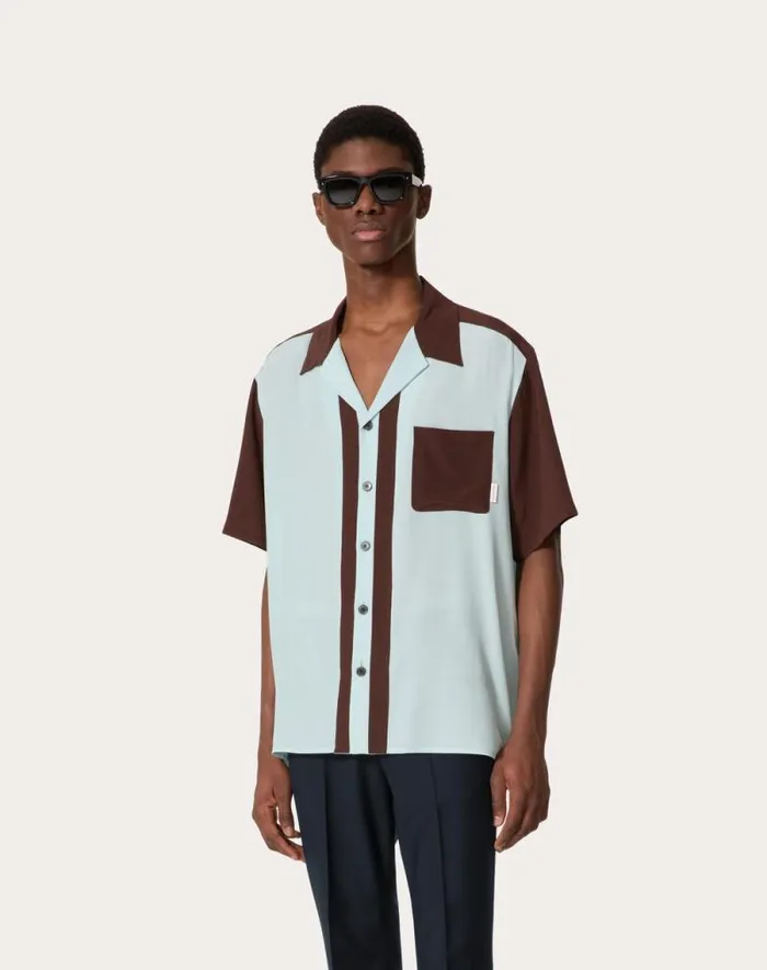 Valentino Shirts Man Silk Bowling Shirt For Man In Ebonyazure Ebonyazure