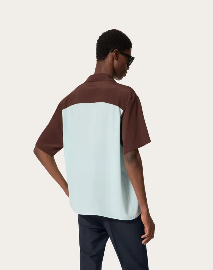 Valentino Shirts Man Silk Bowling Shirt For Man In Ebonyazure Ebonyazure