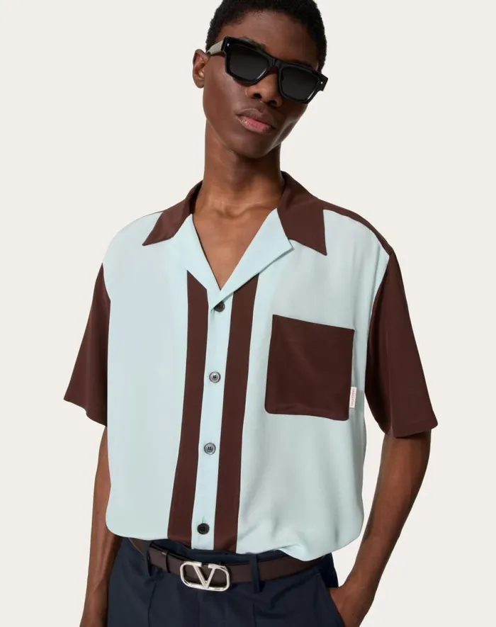 Valentino Shirts Man Silk Bowling Shirt For Man In Ebonyazure Ebonyazure