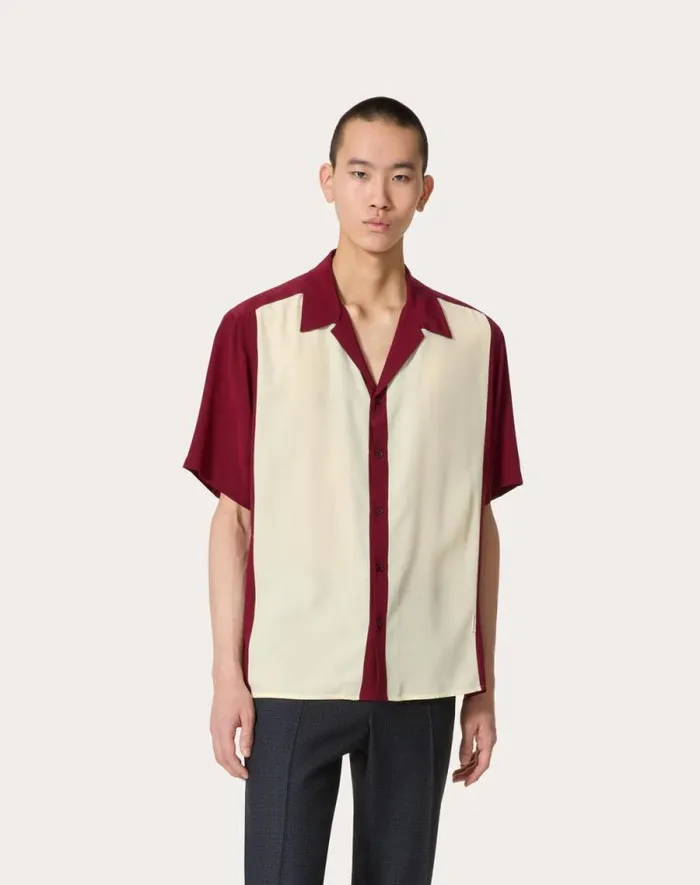 Valentino Shirts Man Silk Bowling Shirt For Man In Light Yellowmaroon Light Yellowmaroon