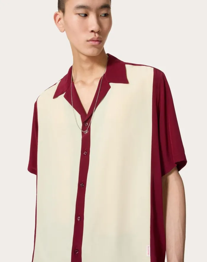 Valentino Shirts Man Silk Bowling Shirt For Man In Light Yellowmaroon Light Yellowmaroon