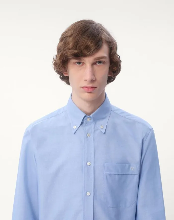Valentino Shirts Man Vlogo Embroidered Cotton Shirt For Man In Sky Blue Sky Blue Valentino Shirts Man Vlogo Embroidered Cotton Shirt For Man In Sky Blue Sky Blue