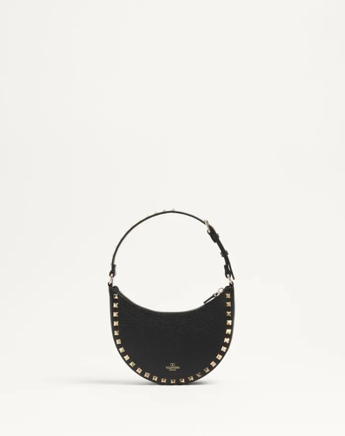 Valentino Shoulder Bags Woman Mini Rockstud Hobo Bag In Grainy Calfskin For Woman In Black Black Valentino Shoulder Bags Woman Mini Rockstud Hobo Bag In Grainy Calfskin For Woman In Black Black