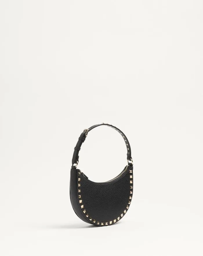 Valentino Shoulder Bags Woman Mini Rockstud Hobo Bag In Grainy Calfskin For Woman In Black Black Valentino Shoulder Bags Woman Mini Rockstud Hobo Bag In Grainy Calfskin For Woman In Black Black