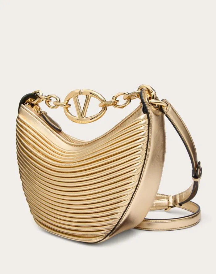 Valentino Shoulder Bags Woman Mini Vlogo Moon Hobo Bag In Metalliceffect Nappa Leather With Chain For Woman In Gold Gold Valentino Shoulder Bags Woman Mini Vlogo Moon Hobo Bag In Metalliceffect Nappa Leather With Chain For Woman In Gold Gold