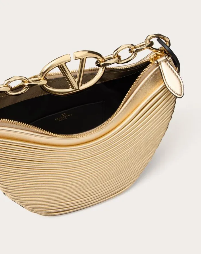 Valentino Shoulder Bags Woman Mini Vlogo Moon Hobo Bag In Metalliceffect Nappa Leather With Chain For Woman In Gold Gold Valentino Shoulder Bags Woman Mini Vlogo Moon Hobo Bag In Metalliceffect Nappa Leather With Chain For Woman In Gold Gold