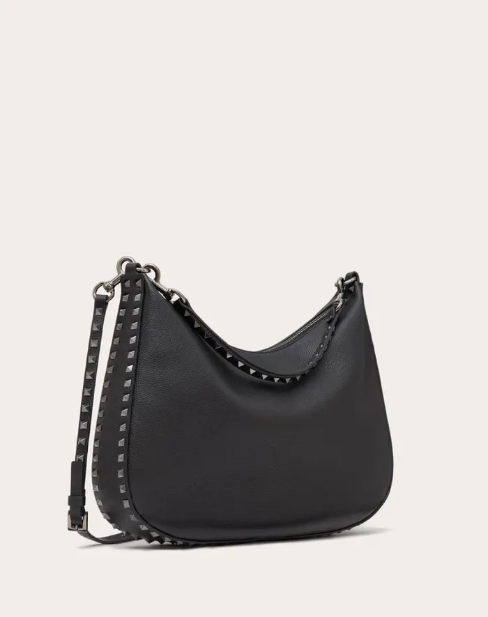 Valentino Shoulder Bags Woman Rockstud Hobo Bag In Grainy Calfskin For Woman In Black Black Valentino Shoulder Bags Woman Rockstud Hobo Bag In Grainy Calfskin For Woman In Black Black