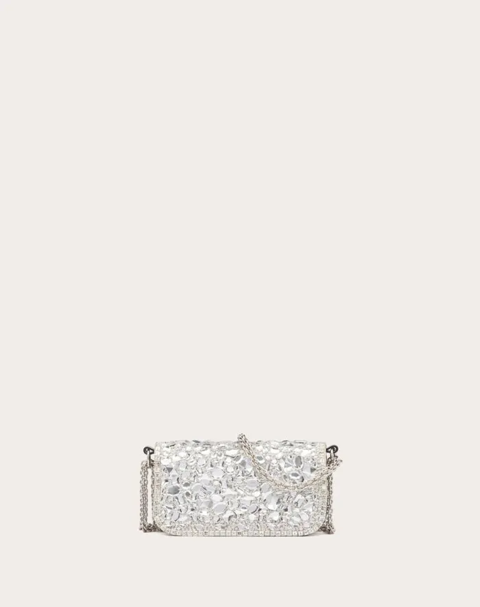 Valentino Shoulder Bags Woman Small Valentino Garavani Loc Shoulder Bag With Crystals For Woman In Silver Silver Valentino Shoulder Bags Woman Small Valentino Garavani Loc Shoulder Bag With Crystals For Woman In Silver Silver