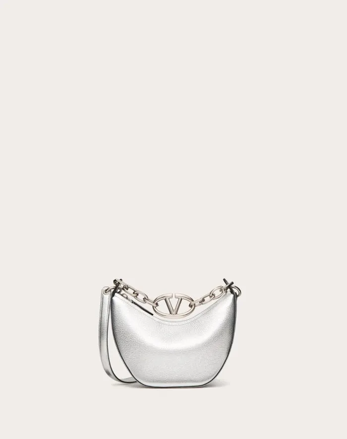 Valentino Shoulder Bags Woman Vlogo Moon Mini Hobo Bag In Metallic Grainy Calfskin With Chain For Woman In Silver Silver Valentino Shoulder Bags Woman Vlogo Moon Mini Hobo Bag In Metallic Grainy Calfskin With Chain For Woman In Silver Silver