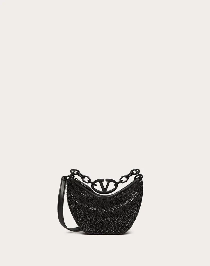 Valentino Shoulder Bags Woman Vlogo Moon Mini Hobo Bag With Rhinestones For Woman In Black Black Valentino Shoulder Bags Woman Vlogo Moon Mini Hobo Bag With Rhinestones For Woman In Black Black