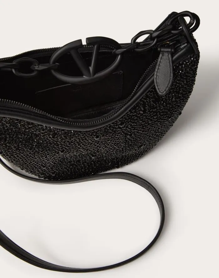Valentino Shoulder Bags Woman Vlogo Moon Mini Hobo Bag With Rhinestones For Woman In Black Black Valentino Shoulder Bags Woman Vlogo Moon Mini Hobo Bag With Rhinestones For Woman In Black Black