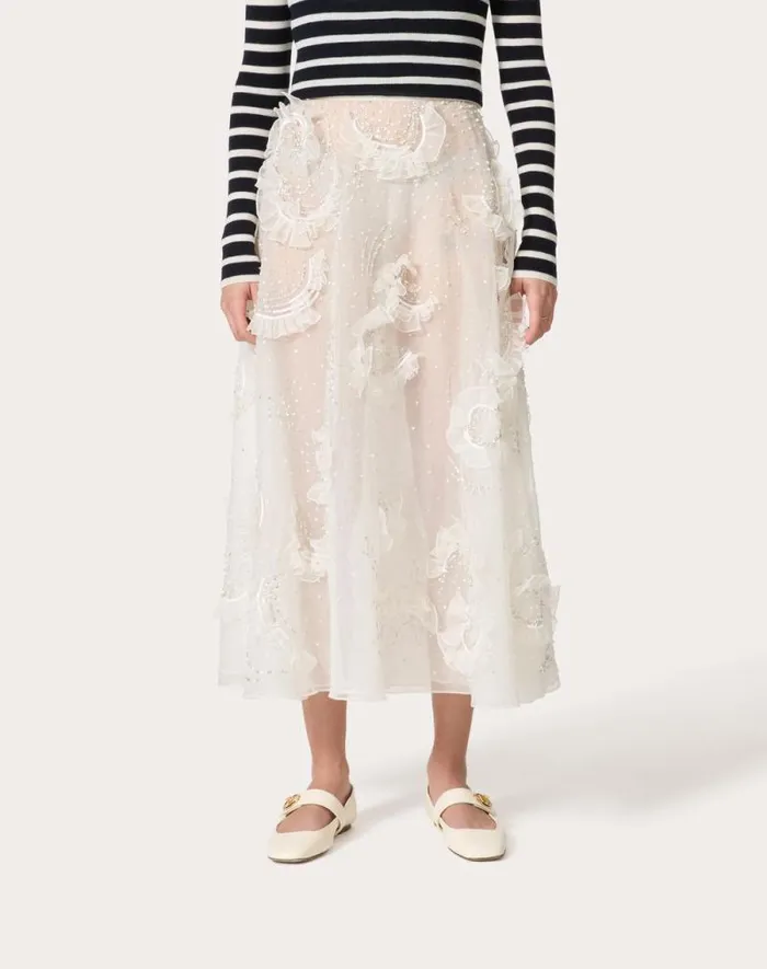 Valentino Skirts Woman Midi Skirt In Embroidered Organza For Woman In Ivory Ivory Valentino Skirts Woman Midi Skirt In Embroidered Organza For Woman In Ivory Ivory