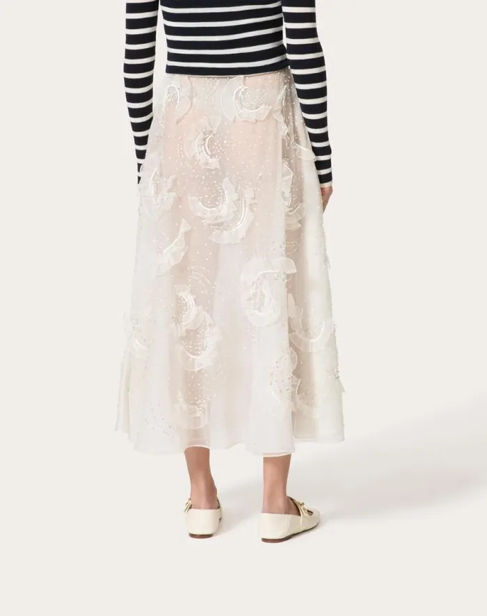 Valentino Skirts Woman Midi Skirt In Embroidered Organza For Woman In Ivory Ivory Valentino Skirts Woman Midi Skirt In Embroidered Organza For Woman In Ivory Ivory