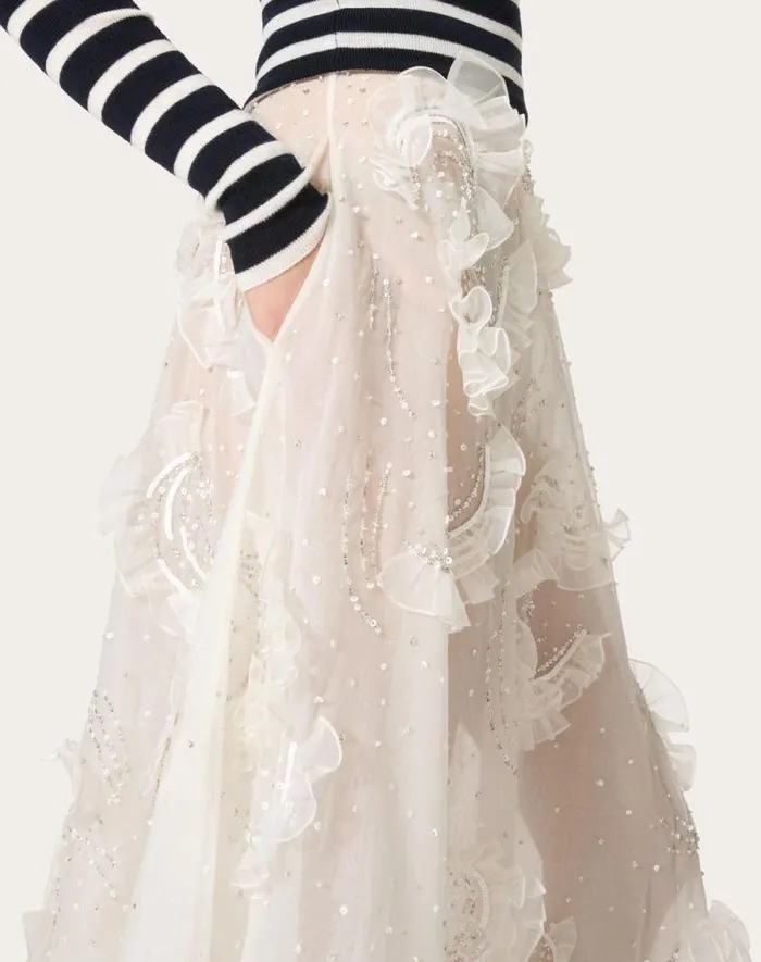 Valentino Skirts Woman Midi Skirt In Embroidered Organza For Woman In Ivory Ivory Valentino Skirts Woman Midi Skirt In Embroidered Organza For Woman In Ivory Ivory