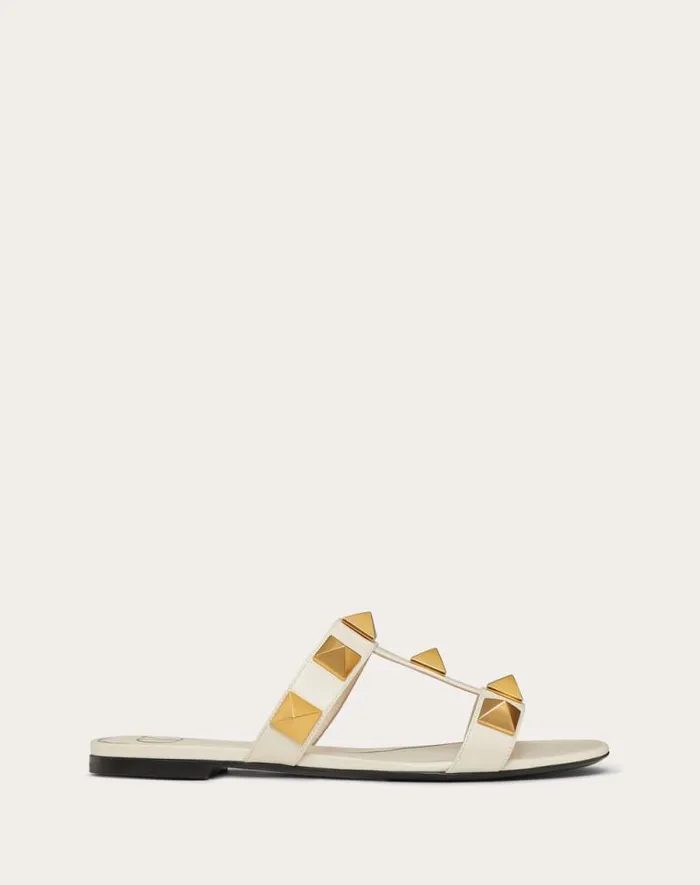 Valentino Slides And Thongs Woman Flat Roman Stud Calfskin Slide Sandal For Woman In Light Ivory Light Ivory Valentino Slides And Thongs Woman Flat Roman Stud Calfskin Slide Sandal For Woman In Light Ivory Light Ivory