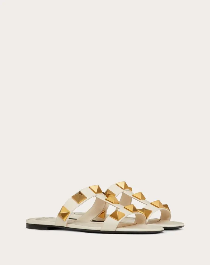 Valentino Slides And Thongs Woman Flat Roman Stud Calfskin Slide Sandal For Woman In Light Ivory Light Ivory Valentino Slides And Thongs Woman Flat Roman Stud Calfskin Slide Sandal For Woman In Light Ivory Light Ivory