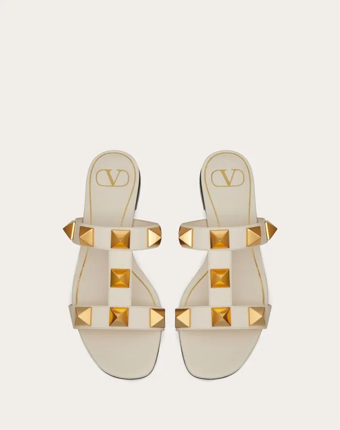 Valentino Slides And Thongs Woman Flat Roman Stud Calfskin Slide Sandal For Woman In Light Ivory Light Ivory Valentino Slides And Thongs Woman Flat Roman Stud Calfskin Slide Sandal For Woman In Light Ivory Light Ivory