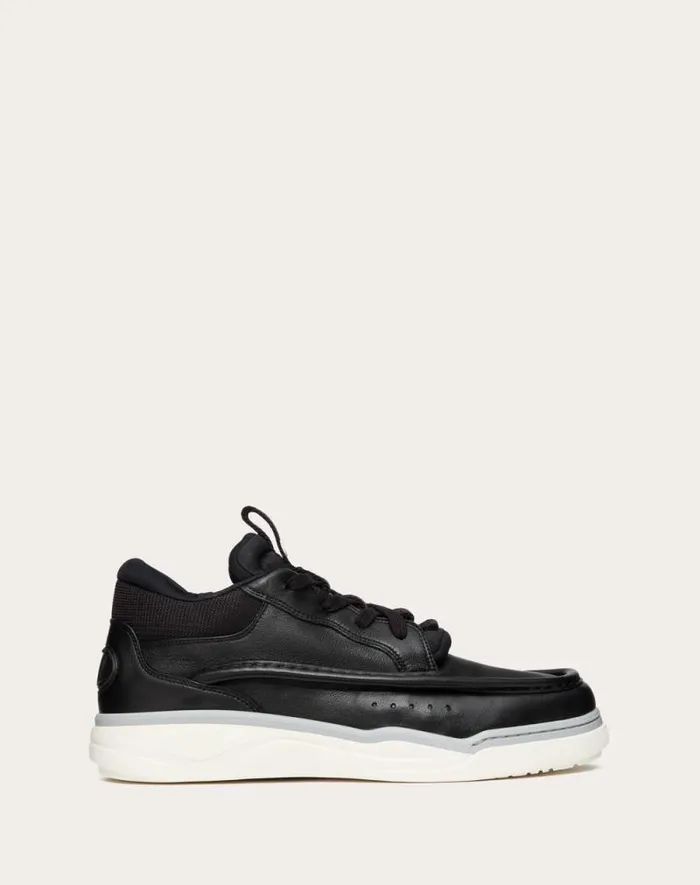 Valentino Sneakers Man Calfskin Leather Midtop Runboot Sneaker For Man In Whitesilverparrot Whitesilverparrot