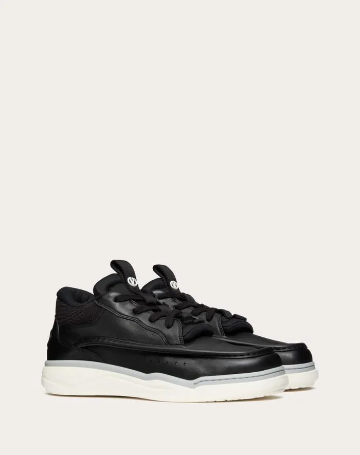 Valentino Sneakers Man Calfskin Leather Midtop Runboot Sneaker For Man In Whitesilverparrot Whitesilverparrot
