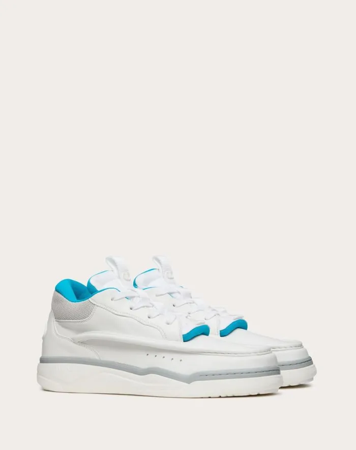 Valentino Sneakers Man Calfskin Leather Midtop Runboot Sneaker For Man In Whitesilverparrot Whitesilverparrot