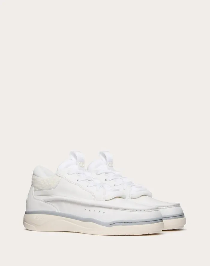 Valentino Sneakers Man Calfskin Leather Midtop Runboot Sneaker For Man In Whitesilverparrot Whitesilverparrot