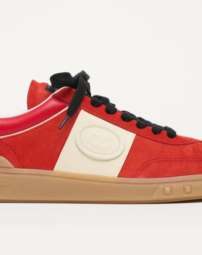 Valentino Sneakers Man Upvillage Low Top Sneaker In Split Leather And Calfskin Nappa Leather For Man In Coralivory Coralivory Valentino Sneakers Man Upvillage Low Top Sneaker In Split Leather And Calfskin Nappa Leather For Man In Coralivory Coralivory