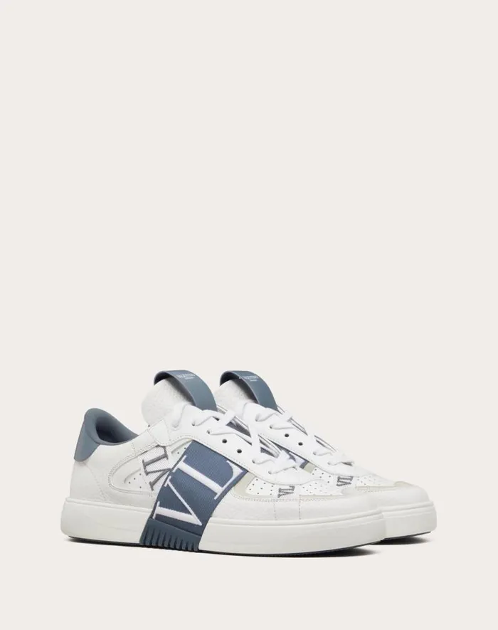 Valentino Sneakers Man Vl7n Lowtop Calfskin And Fabric Sneaker With Bands For Man In Whiteblue Whiteblue