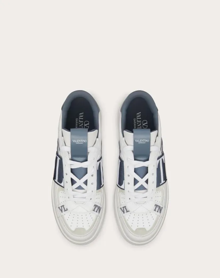 Valentino Sneakers Man Vl7n Lowtop Calfskin And Fabric Sneaker With Bands For Man In Whiteblue Whiteblue