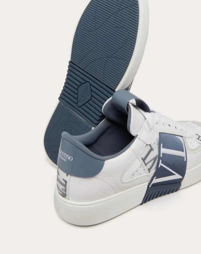Valentino Sneakers Man Vl7n Lowtop Calfskin And Fabric Sneaker With Bands For Man In Whiteblue Whiteblue