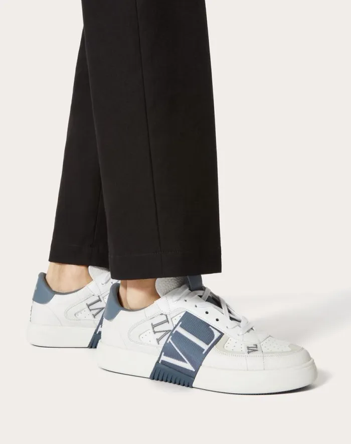 Valentino Sneakers Man Vl7n Lowtop Calfskin And Fabric Sneaker With Bands For Man In Whiteblue Whiteblue