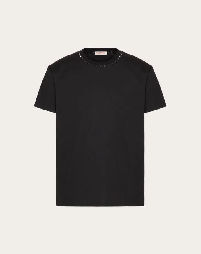 Valentino Tshirts And Sweatshirts Man Cotton Crewneck Tshirt With Black Untitled Studs For Man In Navy Navy