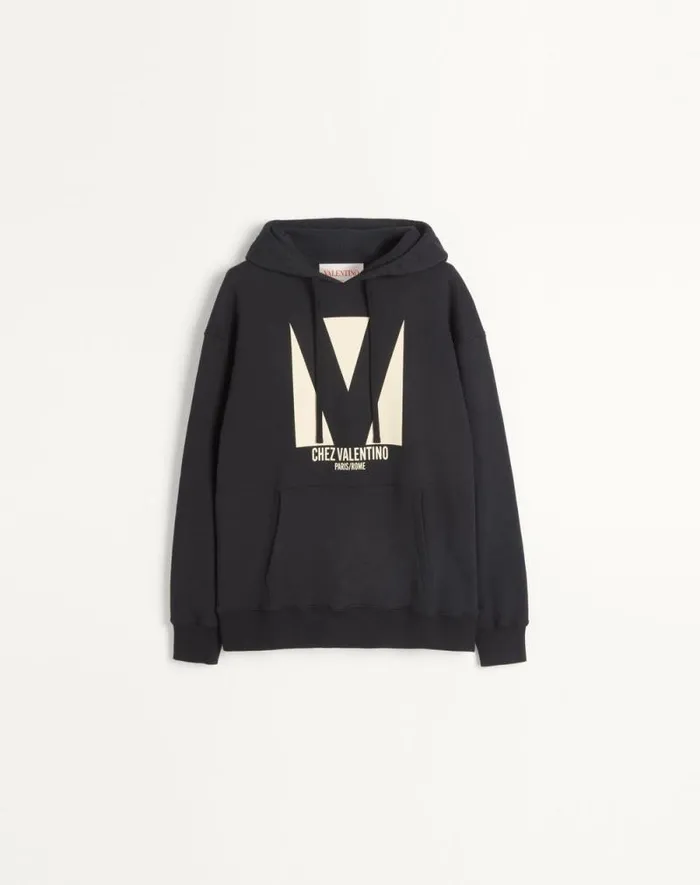 Valentino Tshirts And Sweatshirts Man Cotton Hooded Sweatshirt With Chez Valentino Print For Man In Black Black Valentino Tshirts And Sweatshirts Man Cotton Hooded Sweatshirt With Chez Valentino Print For Man In Black Black