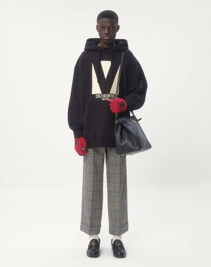Valentino Tshirts And Sweatshirts Man Cotton Hooded Sweatshirt With Chez Valentino Print For Man In Black Black
