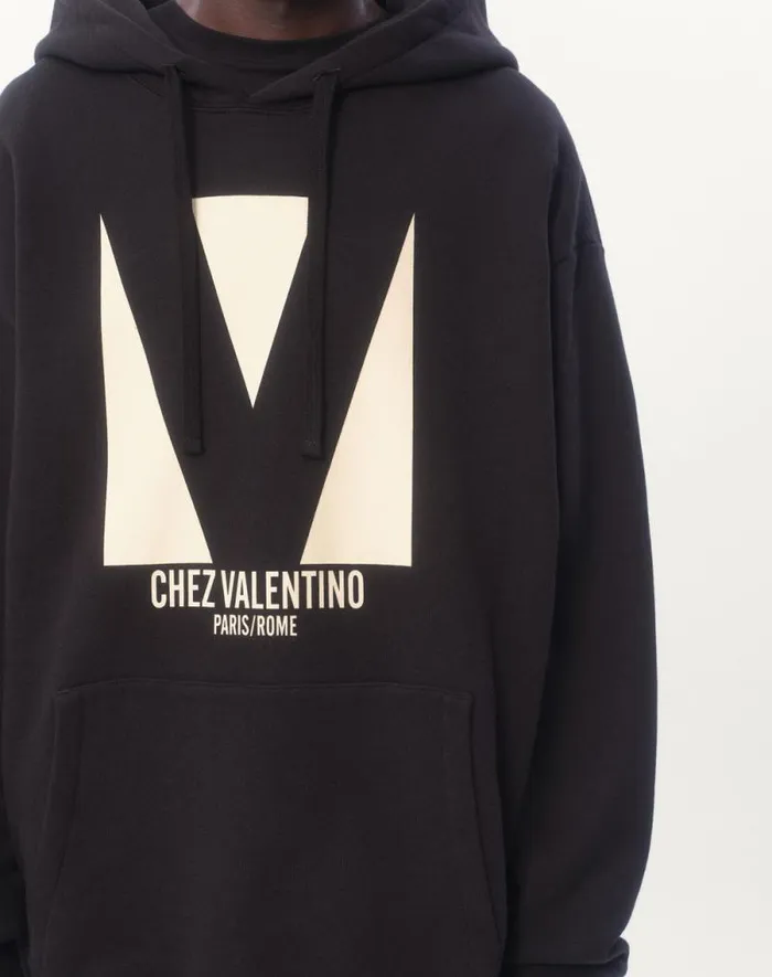 Valentino Tshirts And Sweatshirts Man Cotton Hooded Sweatshirt With Chez Valentino Print For Man In Black Black